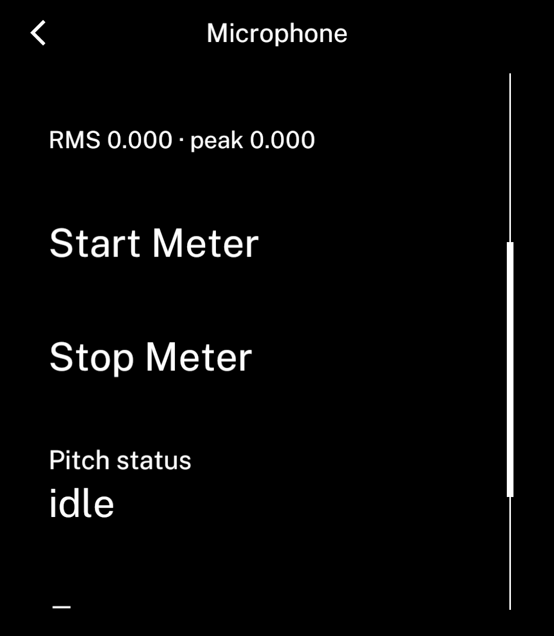 Microphone page with native RMS and peak readings.