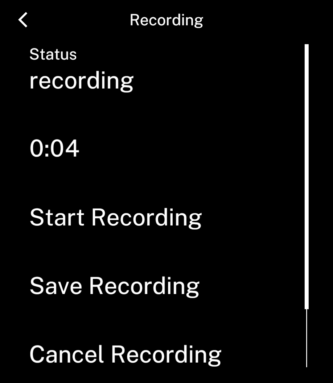 Recording page with a native elapsed-time label showing four seconds.