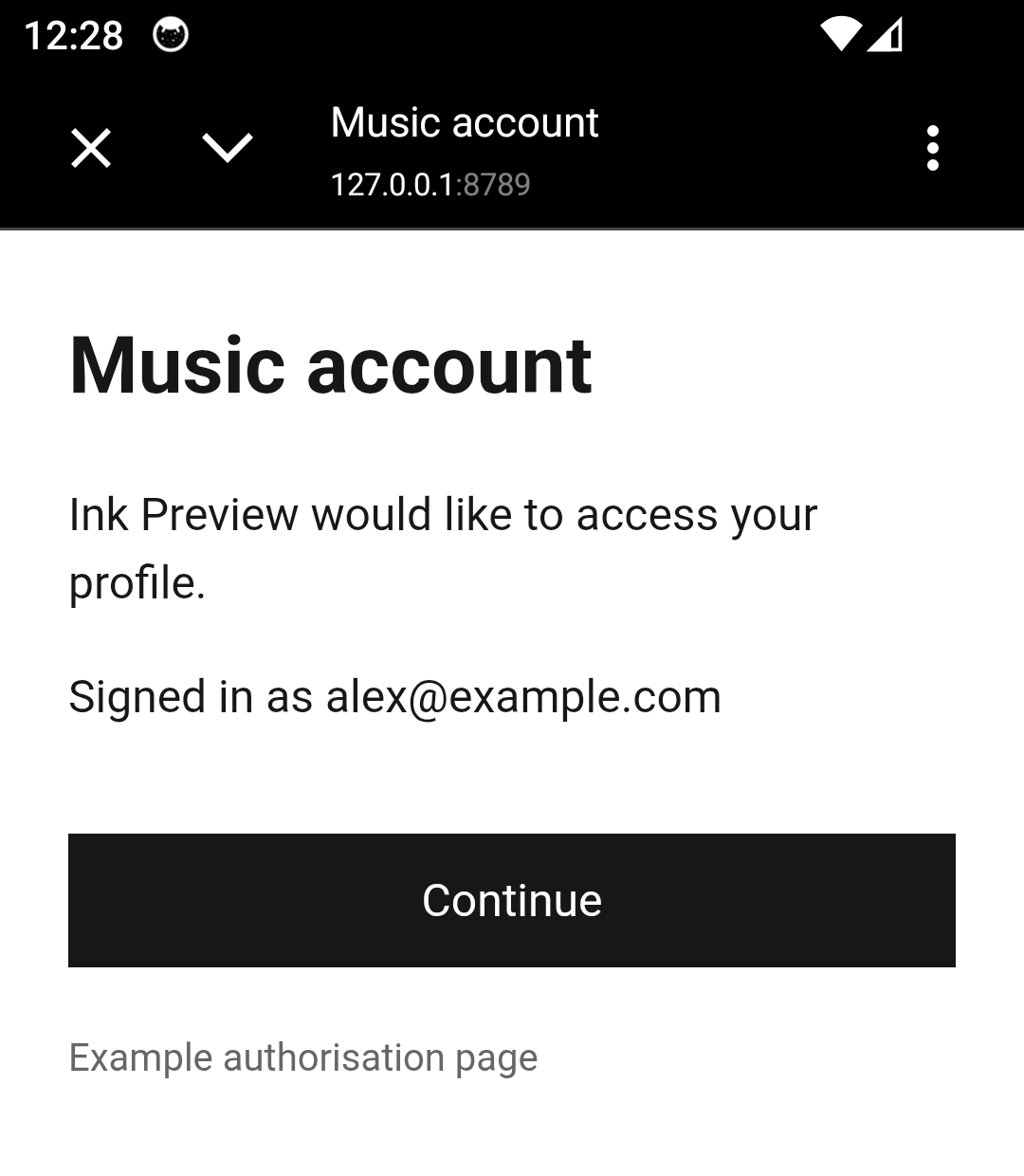 An example authorisation page in Ink’s in-app browser, with a close button and visible site address.