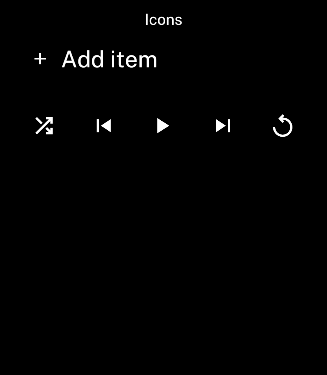 Add item button with a plus icon, above a row of shuffle, previous, play, next and replay buttons.