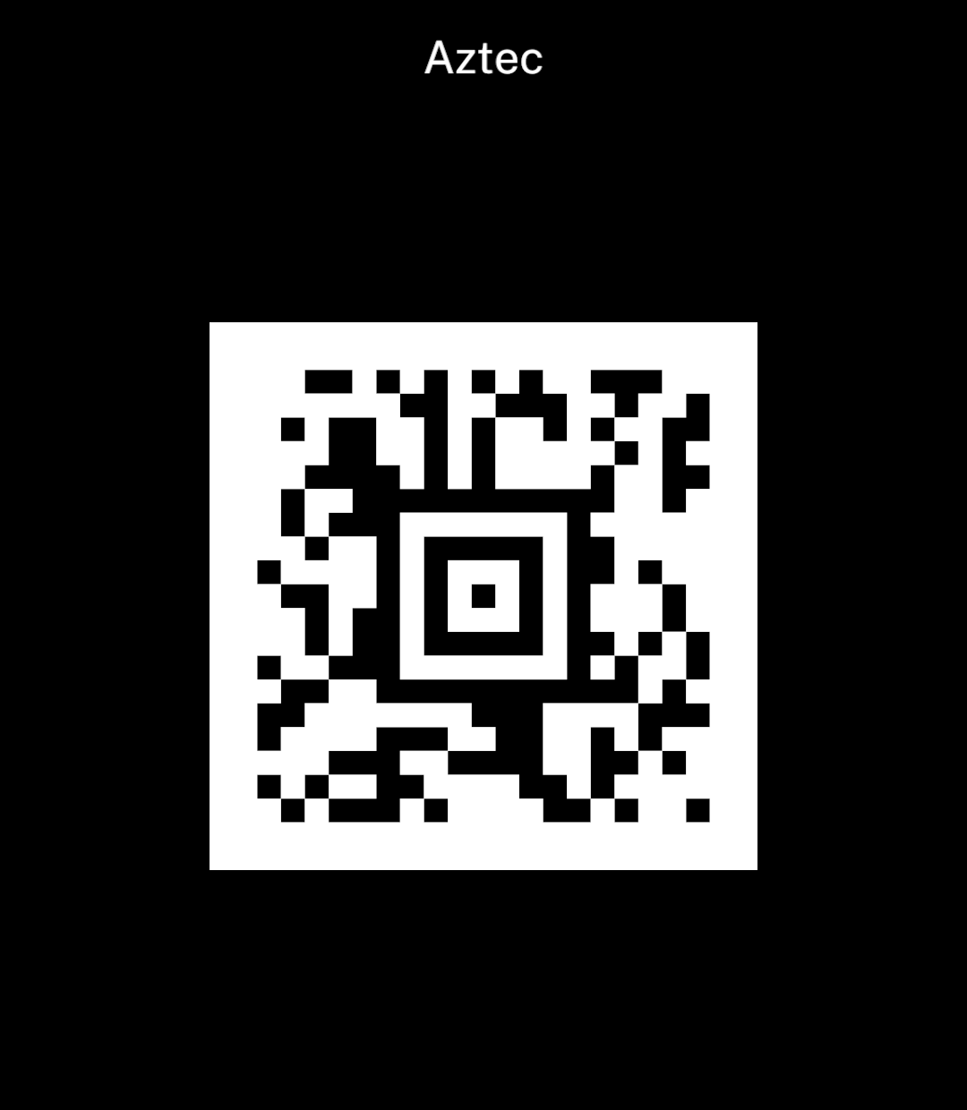 A square Aztec code with a white border.
