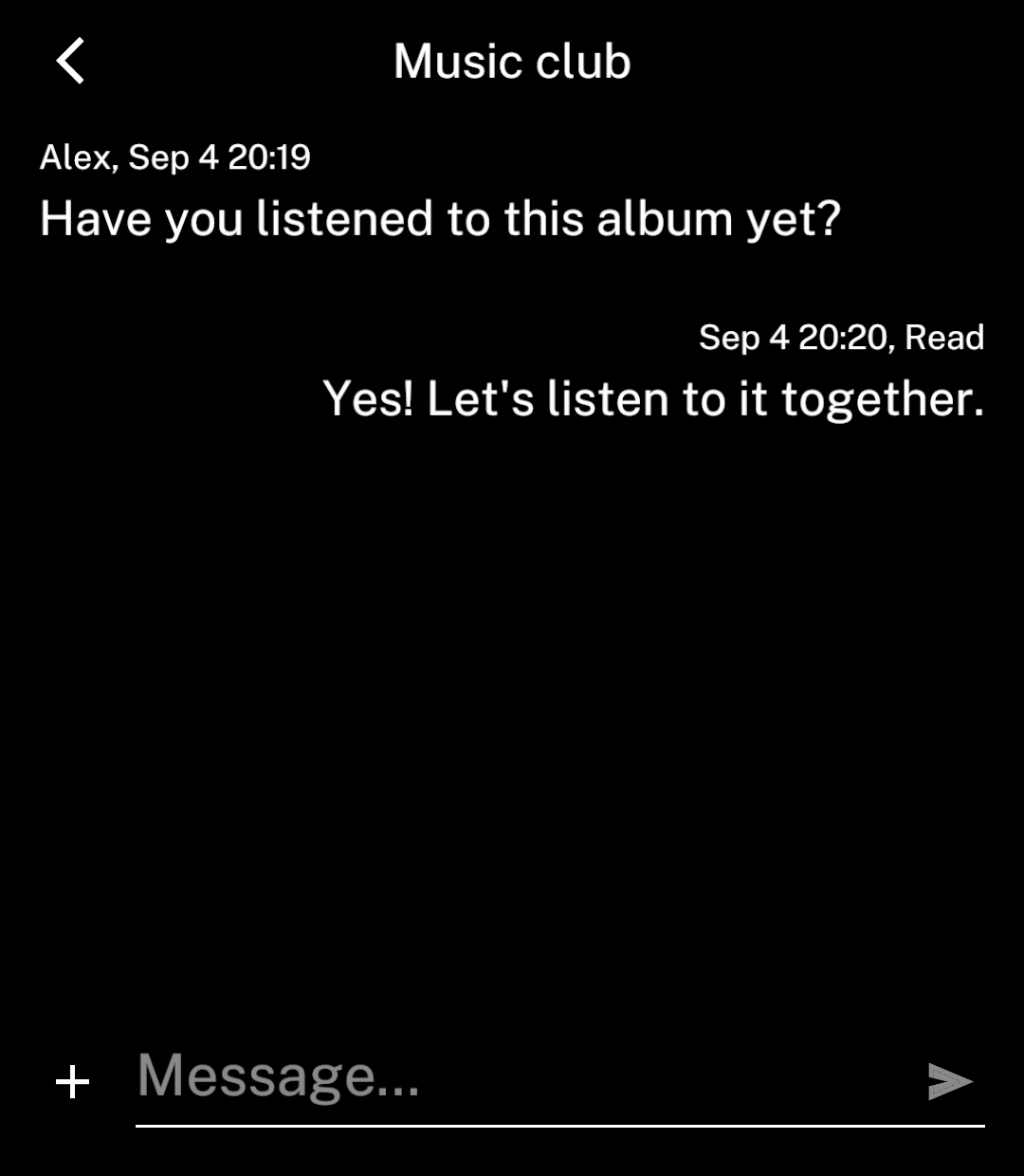 A group chat showing Alex beside an incoming message.