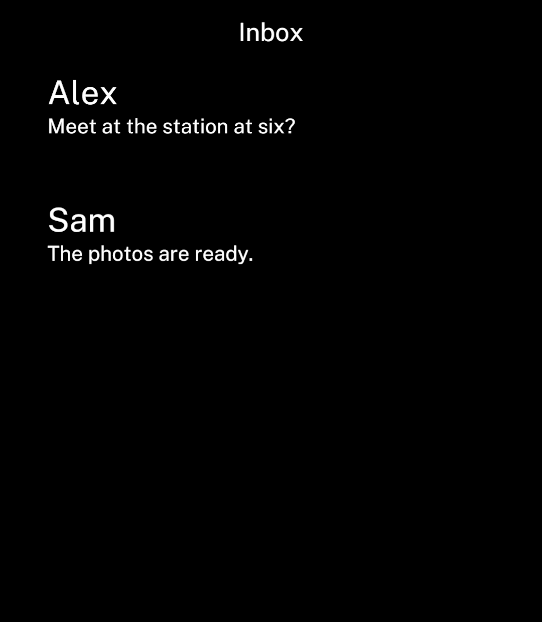 An exported Inbox screen with messages from Alex and Sam.