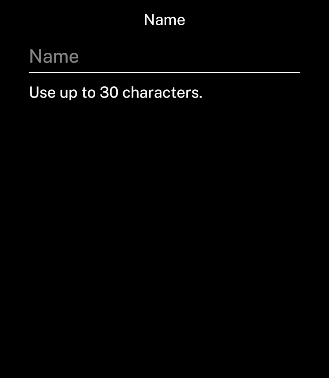 Name input with a character limit hint underneath.