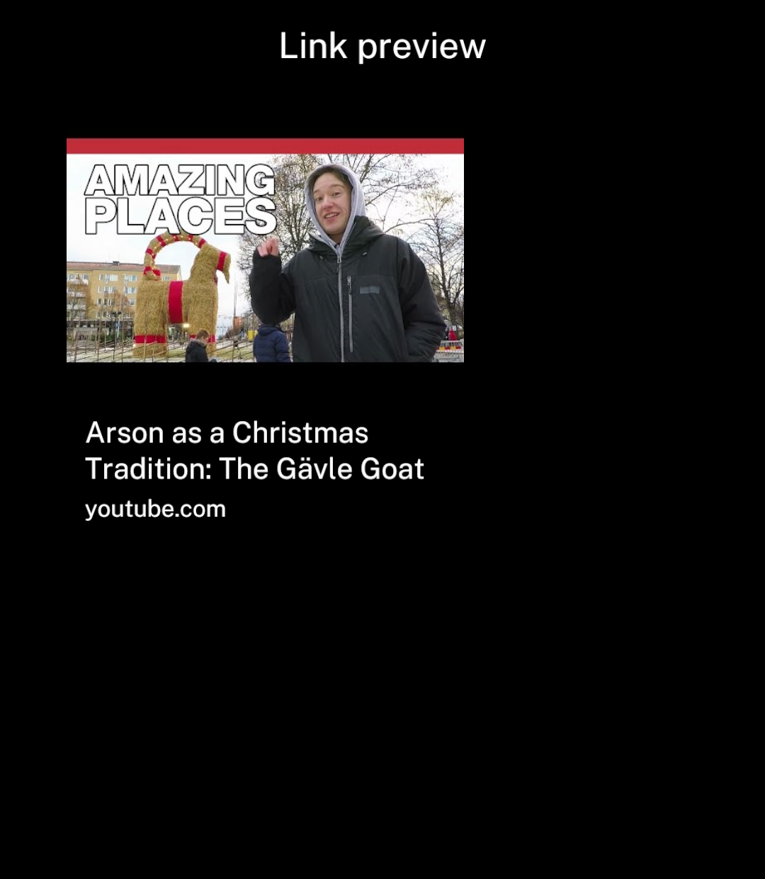 A YouTube preview card with the Gävle Goat thumbnail, video title and domain.