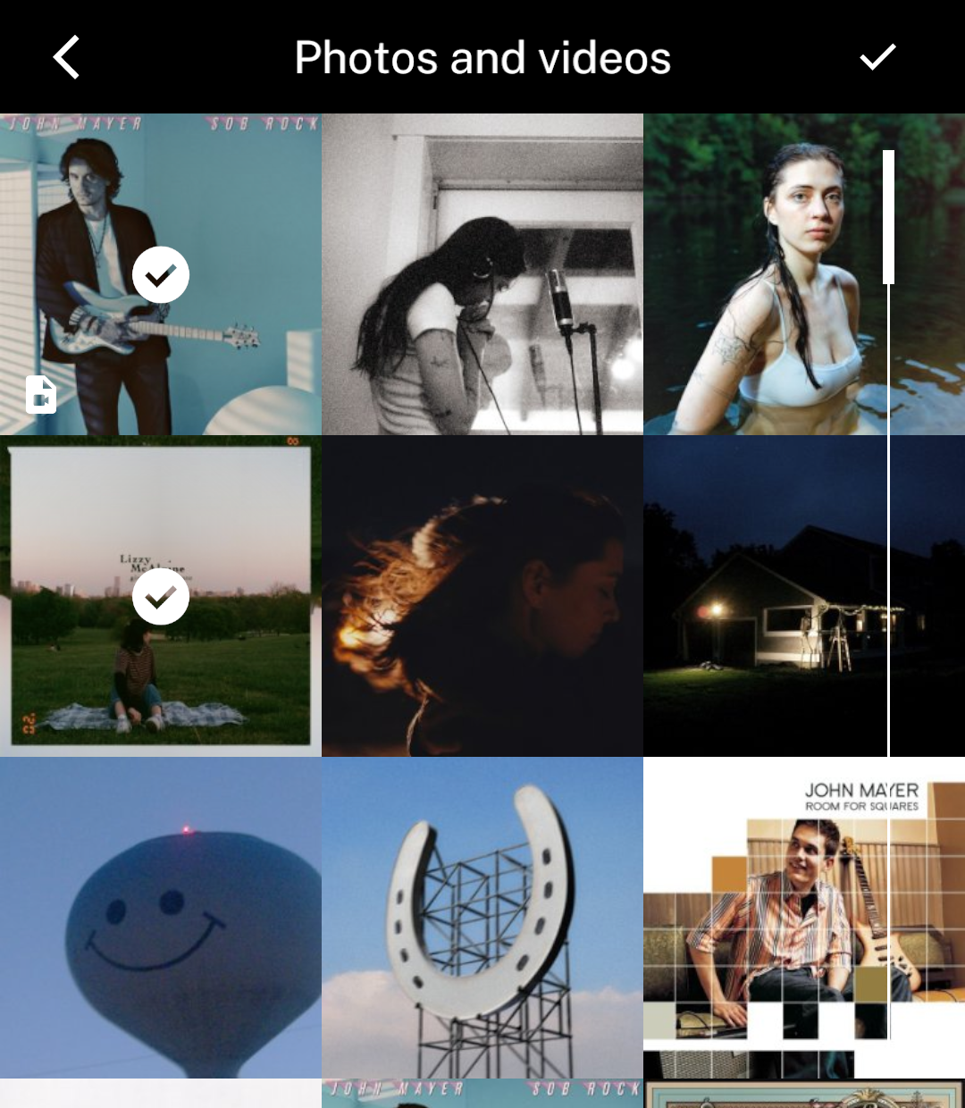 Selected thumbnails dimmed beneath a white check circle.