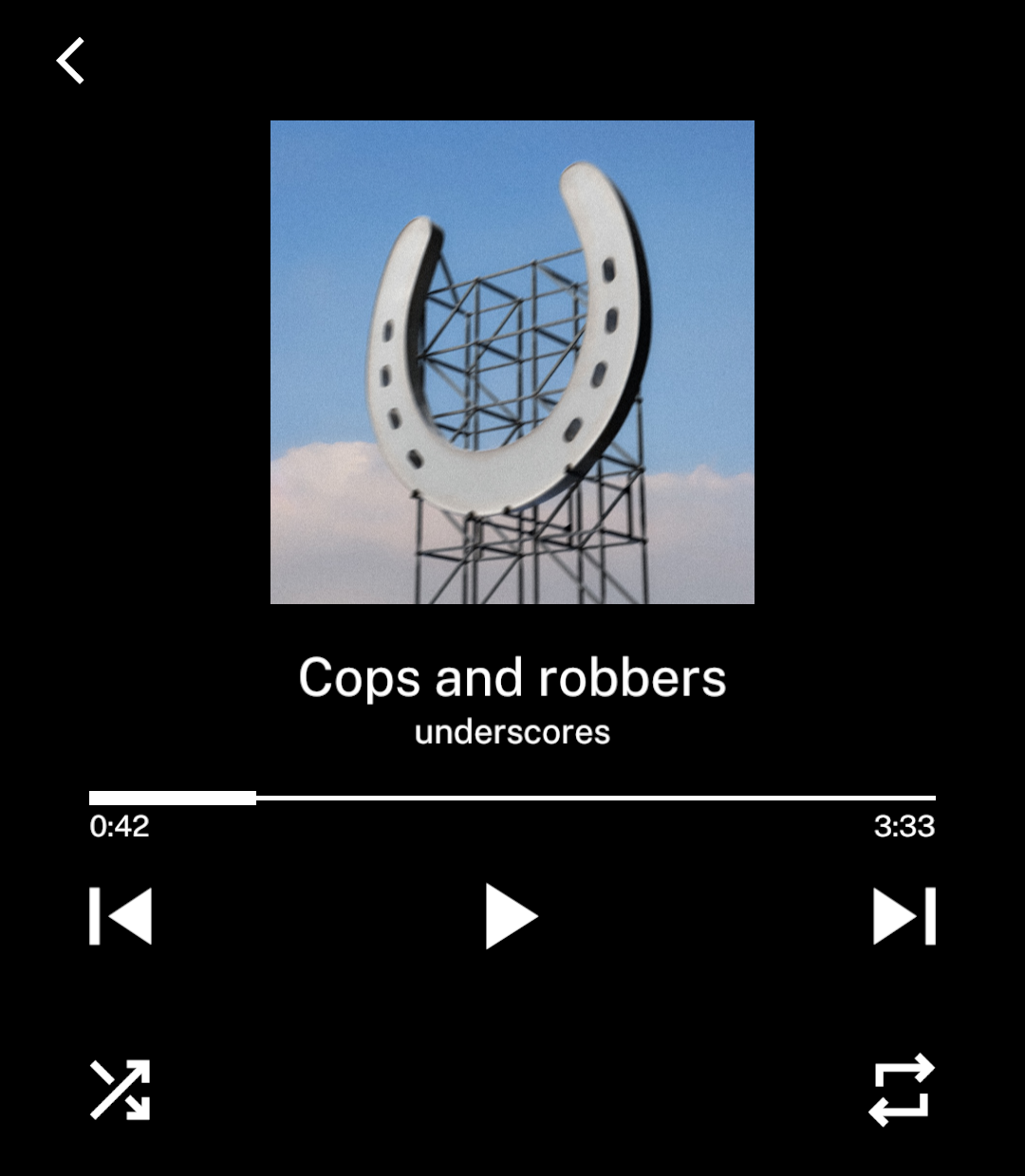 Artwork, track details, progress and playback controls with bottom actions.