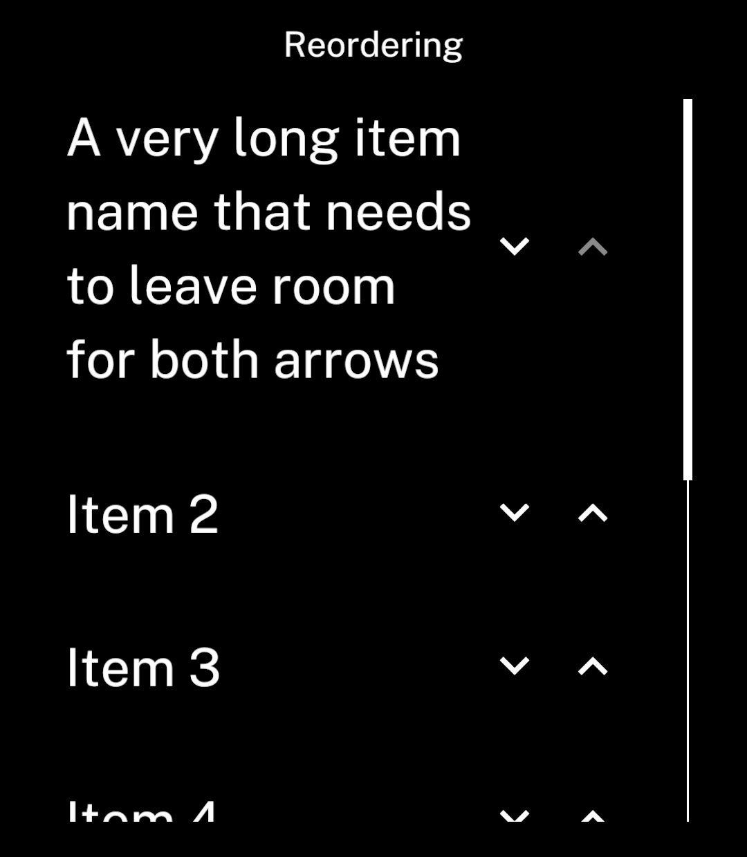 The full item name wraps across several lines. Both arrows stay visible and vertically centred beside it.