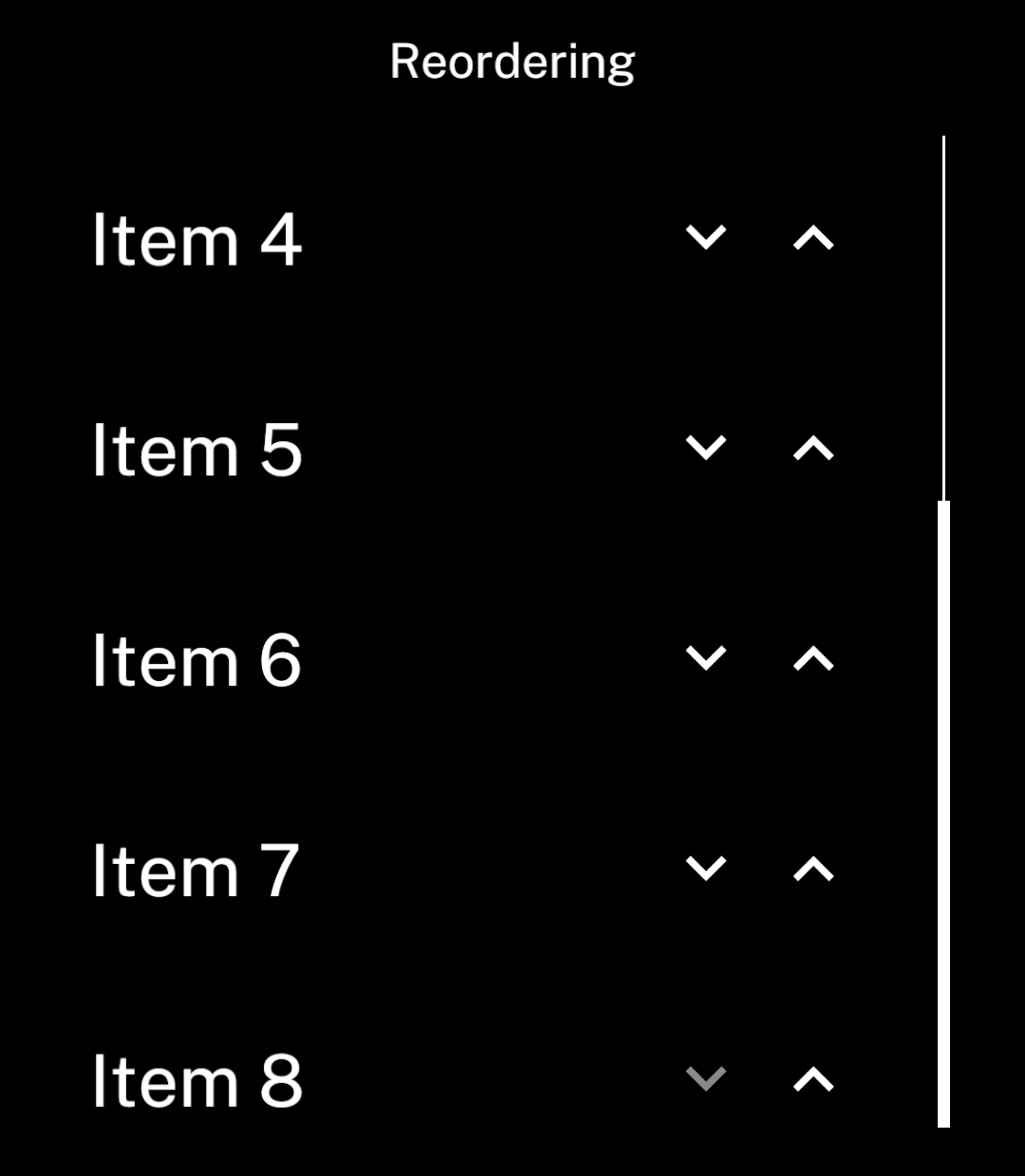 The bottom of the eight-item list. Item 8 has a disabled down arrow and the scrollbar is at the bottom.
