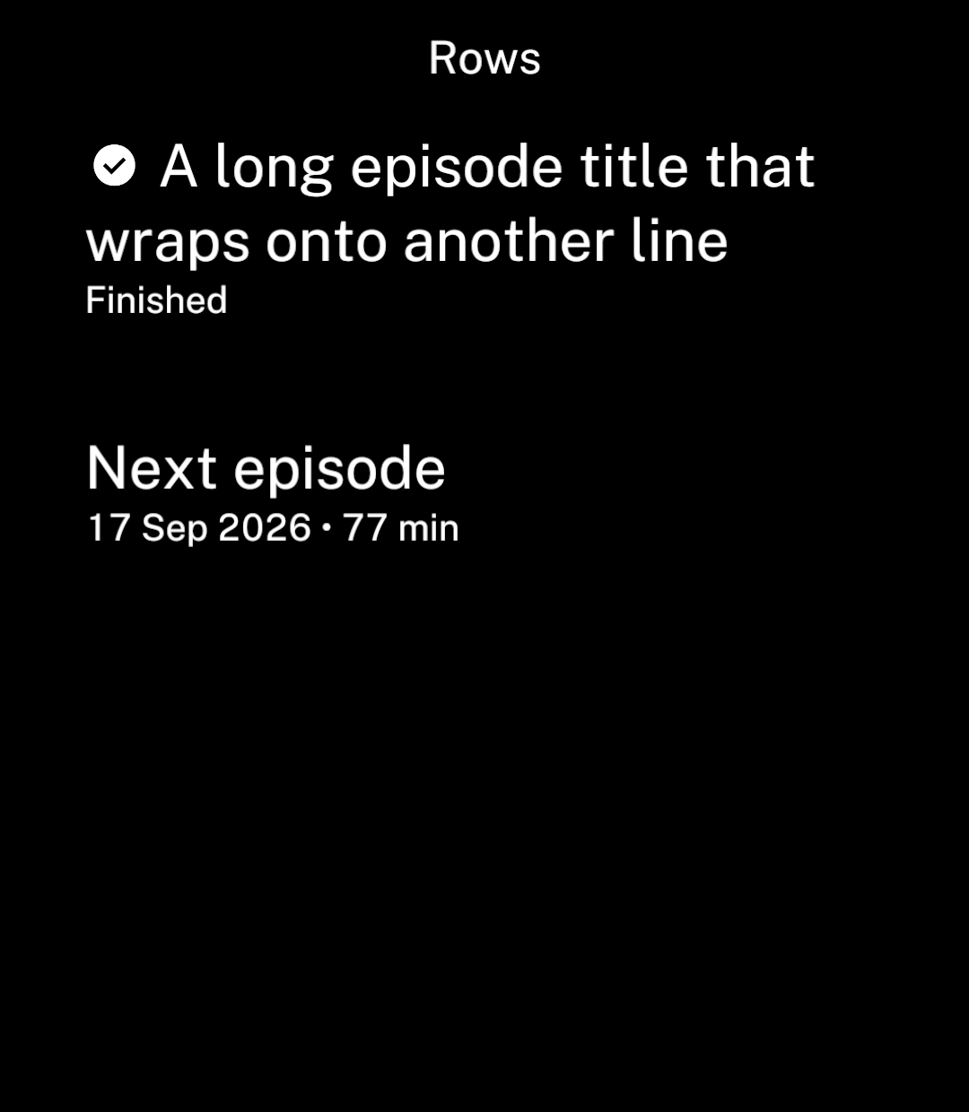 A finished episode with an inline icon and a title wrapping across the full row width.