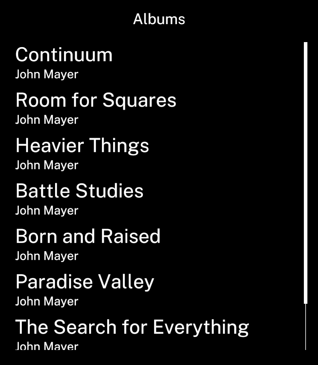 The same album list with wider content and smaller margins.
